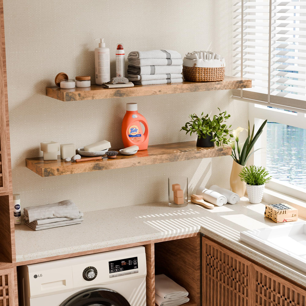 Sumbame 12 Inch Deep Floating Shelves, 48 Inch Fireplace Mantel Set of 2, Rustic Brown Hanging Shelf with Invisible Brackets, Display Shelves Wall Mounted for Bedroom, Kitchen, Office, Living Room Sumbame