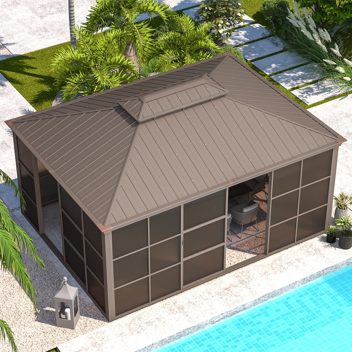 EROMMY 12' x 16' Sunroom, All-Season Gazebo Solarium with Galvanized Steel Roof, Aluminum Frame, Outdoor Permanent Sun Room with Sliding Door EROMMY