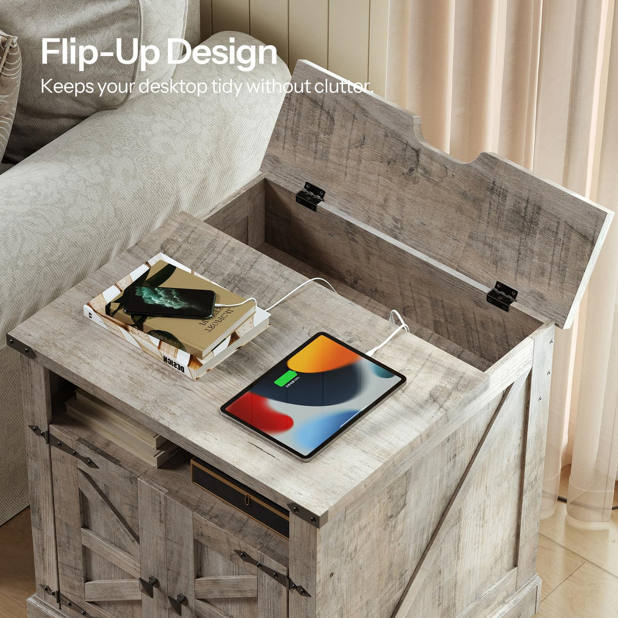 HOOBRO Farmhouse End Table Set of 2, Flip Top Large End Table with Charging Station, 23.6" Large Sofa Side Table with Barn Door, Square Nightstand with Open Storage, for Living Room, Greige HOOBRO