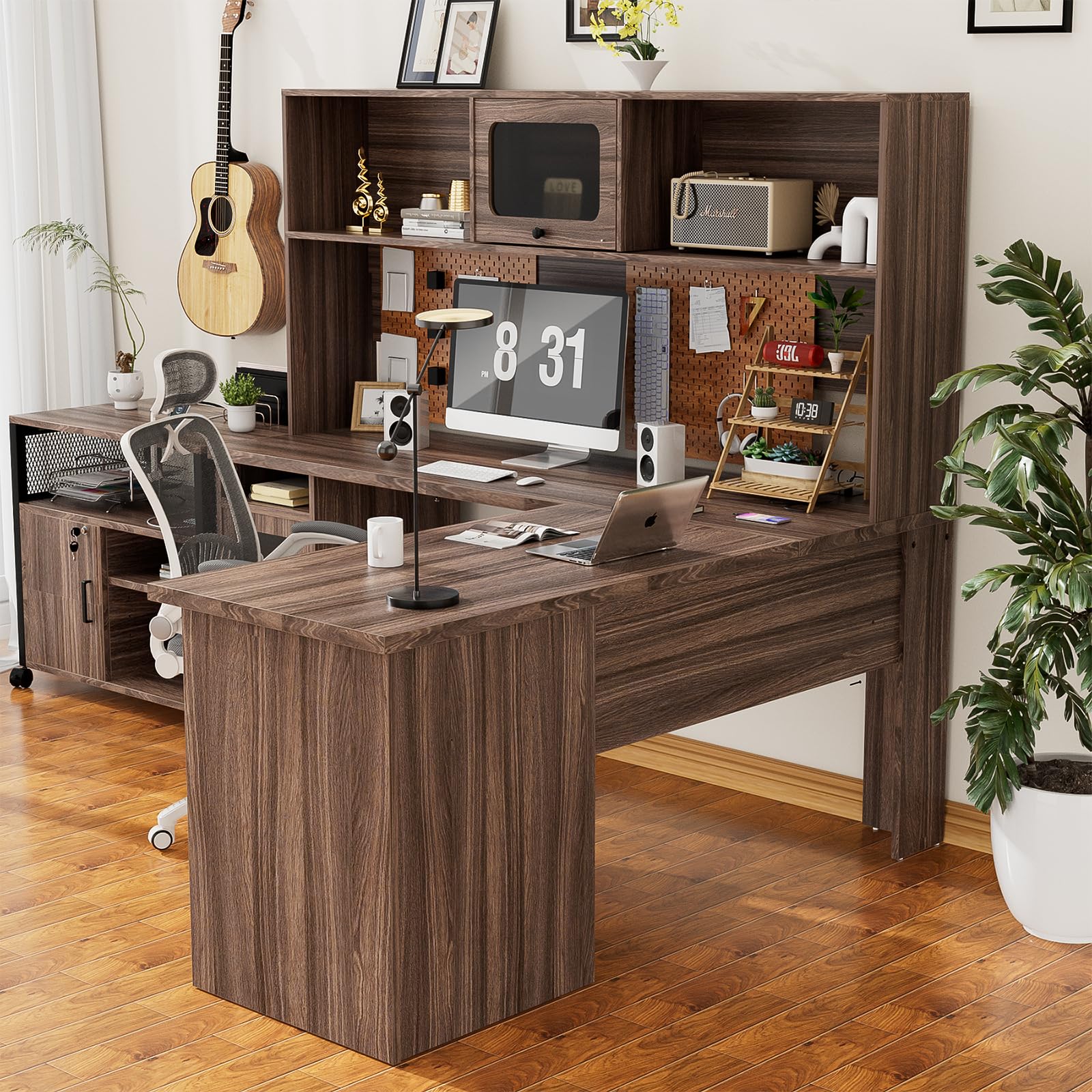 Unikito L Shaped Desk with Drawers, 60 Inch Office Desk with Power Outlet and LED Lights, Sturdy Corner Computer Desk with Hutch and File Cabinets, 2 Person Home Office Gaming Table, Rustic O - WoodArtSupply