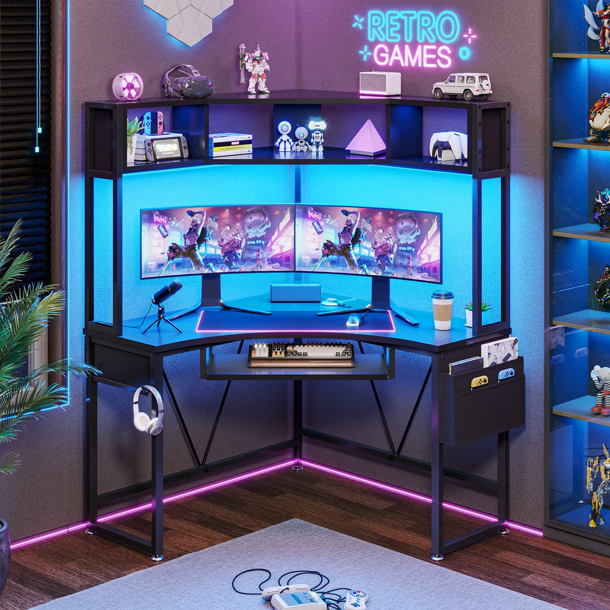 SEDETA Corner Desk, Small Computer Desk with Hutch & LED Lights, Triangle Corner Computer Desk with Keyboard Tray, Storage Bag, and Headphone Hook for Small Space, Small Office Desk, Black SEDETA