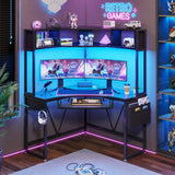 SEDETA Corner Desk, Small Computer Desk with Hutch & LED Lights, Triangle Corner Computer Desk with Keyboard Tray, Storage Bag, and Headphone Hook for Small Space, Small Office Desk, Black SEDETA