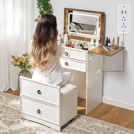 AMERLIFE 3-in-1 Makeup Vanity with Sliding Stool, Fold-up Panel, Divided Storage & Power Port, Farmhouse Makeup Table with Adjustable LED Light, for Small Space, White & Barnwood AMERLIFE