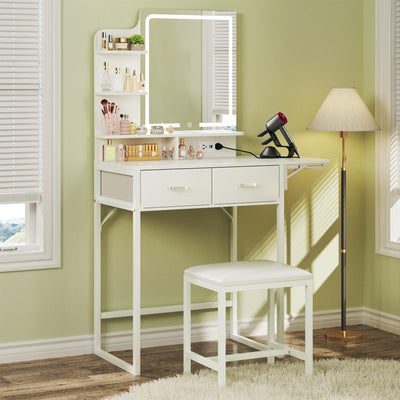 HUAHUU Small Vanity Desk with Mirror and Lights, Makeup Vanity with Fabric Storage Drawer, Chair and Three Shelves, White Vanity with Power Outlet and Fold-up Panel, Bedroom