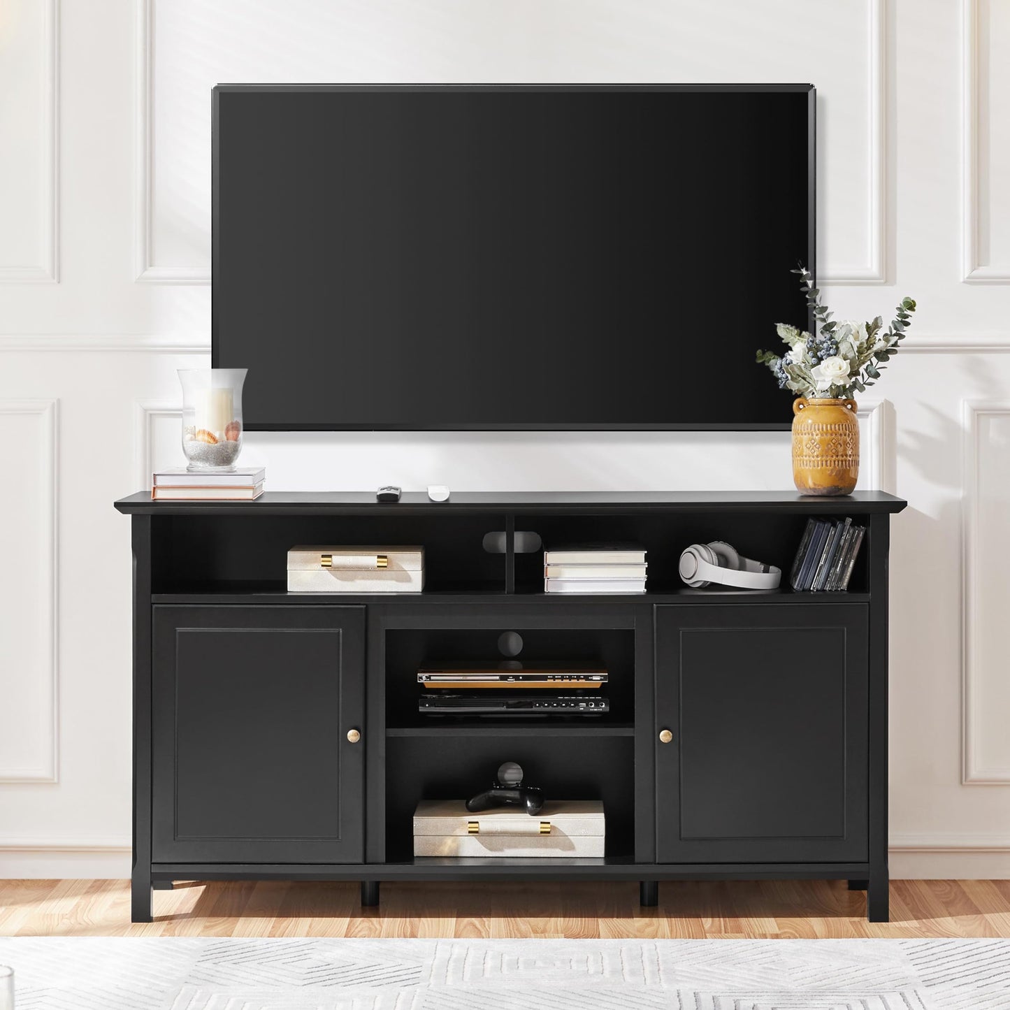 Yaheetech Black TV Stand for TVs up to 65 Inch, Modern Media Entertainment Center with Double Doors, TV Cabinet TV Console with Storage for Living Room & Bedroom, 31 in Tall