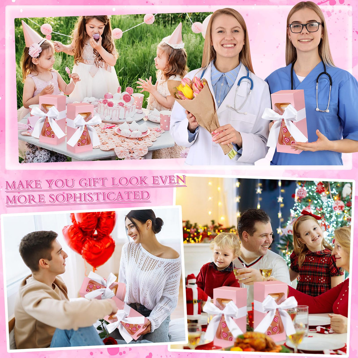 Fulmoon 12 Sets Sublimation Glass Gift Boxes Christmas Thank You Glass Cup Boxes with Ribbon Gift Wrap Boxes for Thanksgiving Christmas Shipping Blanks Sublimation Gift Wrapping(Pink) Fulmoon