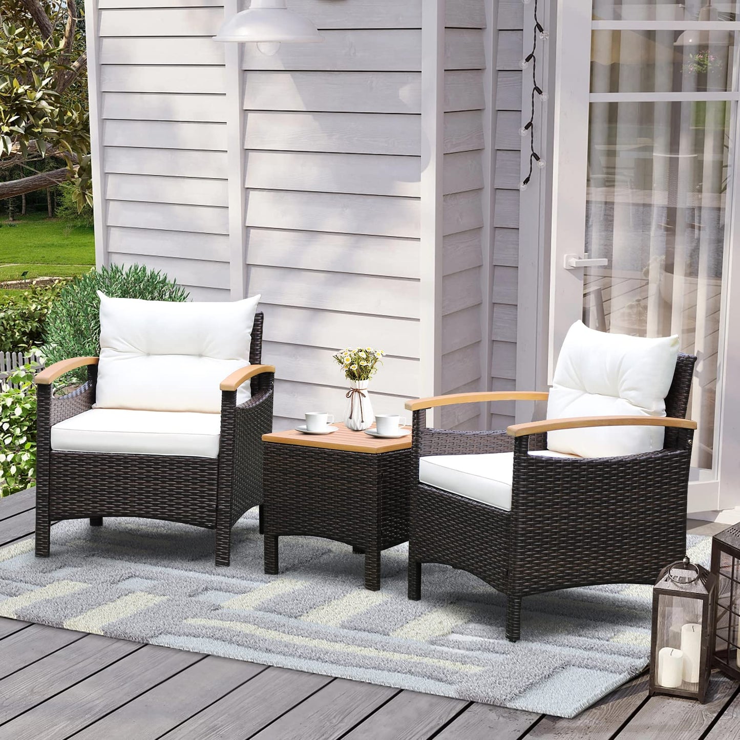 Tangkula 3-Piece Patio Furniture Set, Patiojoy Outdoor Rattan Sofa Set with Coffee Table, Patio Conversation Set with Removable Cushion, Cozy Acacia Wood Armrests for Backyard, Poolside (Off White)