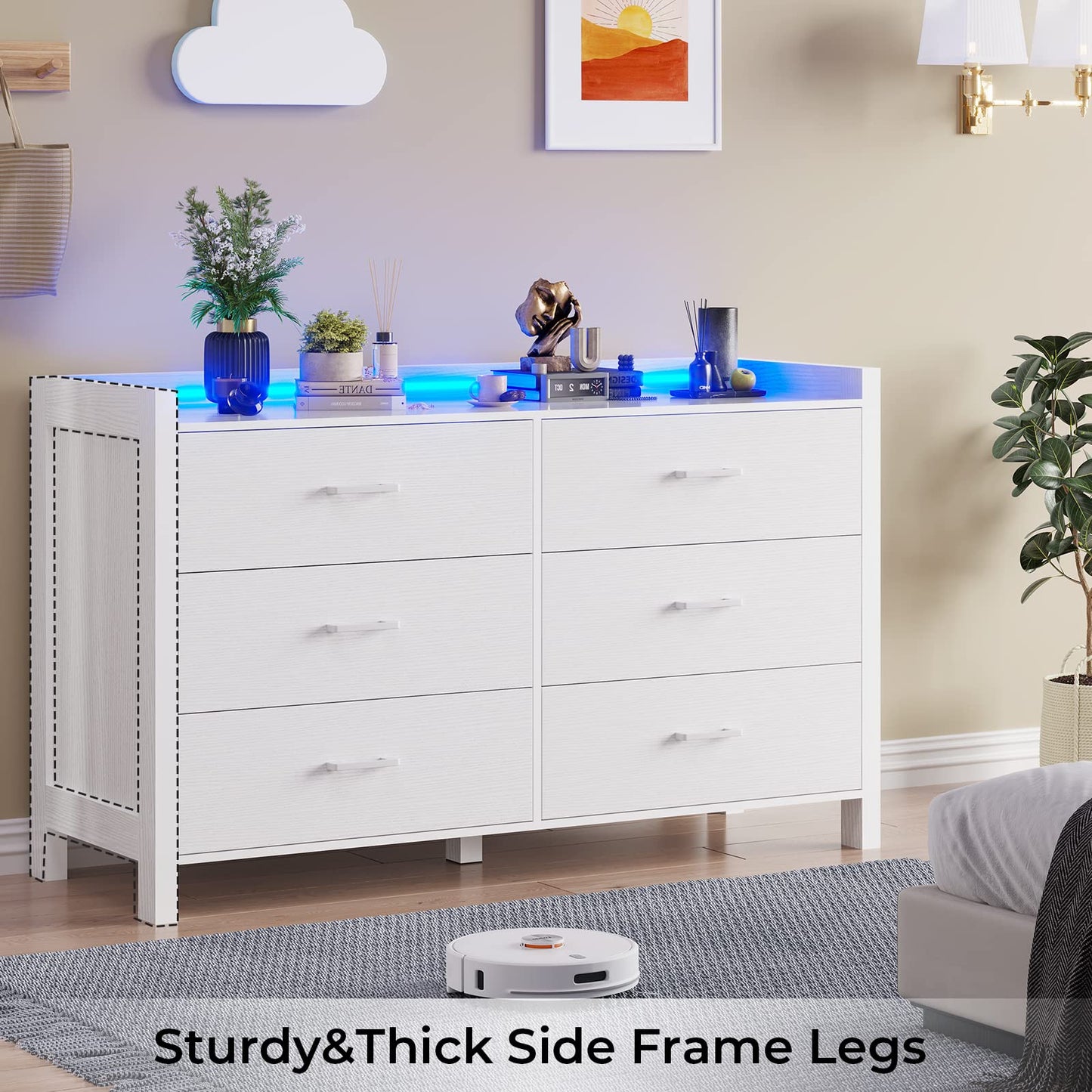 Hasuit White Dresser for Bedroom with LED Lights, Large Capacity Wooden Storage Cabinet, Chest of 6 Drawers, 6 Drawer Dresser for Hallway, Entryway - WoodArtSupply