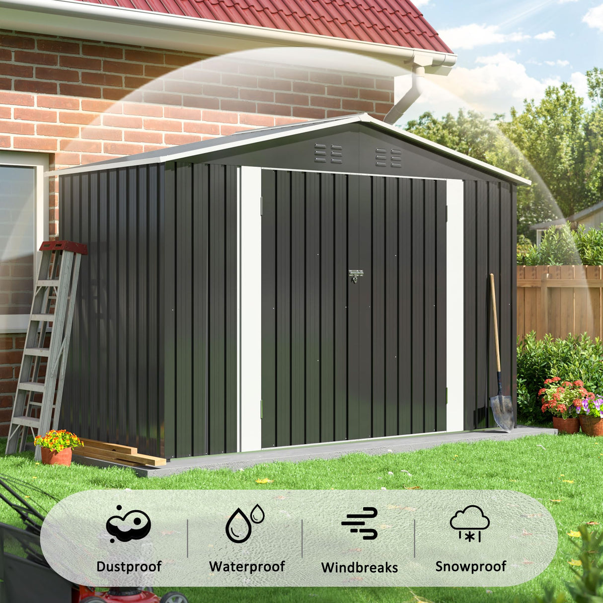 Polar Aurora 4 x 9 FT Outdoor Storage Shed, Metal Garden Shed with Updated Frame Structure, Tool Sheds for Backyard Garden Patio Lawn Black Polar Aurora