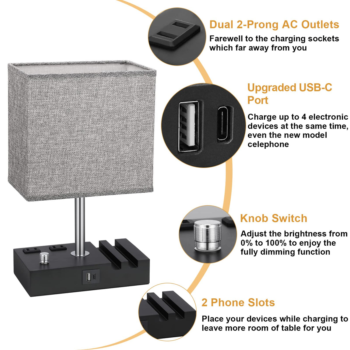 Kakanuo Fully Dimmable Nightstand Lamp for Bedroom with USB C Ports, Grey Small Bedside Table Lamp with Charging Outlets and Phone Stands, Wooden Desk Lamp for Living Room, LED Bulb Included Kakanuo