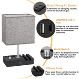 Kakanuo Fully Dimmable Nightstand Lamp for Bedroom with USB C Ports, Grey Small Bedside Table Lamp with Charging Outlets and Phone Stands, Wooden Desk Lamp for Living Room, LED Bulb Included Kakanuo