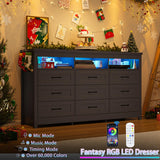 Hlivelood Farmhouse 9 Drawer Dresser with LED Lights, 63" Wide Large Chest of Drawers for Bedroom, Modern Wood Dresser Storage Organizer with Charging Station for Living Room, Bedroom, Hallway, Black Hlivelood