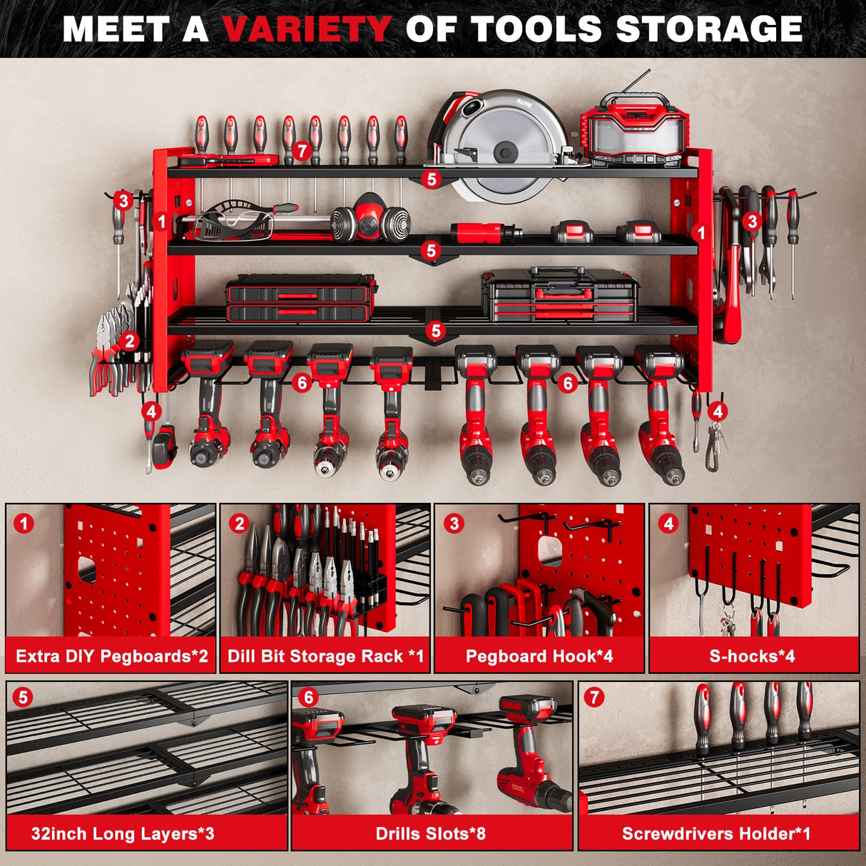 NattyDot Power Tool Organizer Wall Mount,Cordless Drill Organizer,4 Layers Large Capacity Tool Rack with 8 Drill Holders (RED) NattyDot