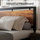 LIKIMIO Industrial King Bed Frame with Vintage Wood Headboard and 12 Strong Metal Legs - Easy Assembly, No Box Spring Needed LIKIMIO