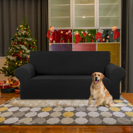KEKUOU Stretch Loveseat Sofa Cover Slipcover,Couch Covers for 2 Cushion Couch Sofa (55"-79") Furniture Protector Sofa with Elastic Bottom for Kids,Dog. Jacquard Small Checked (Medium,Black) KEKUOU