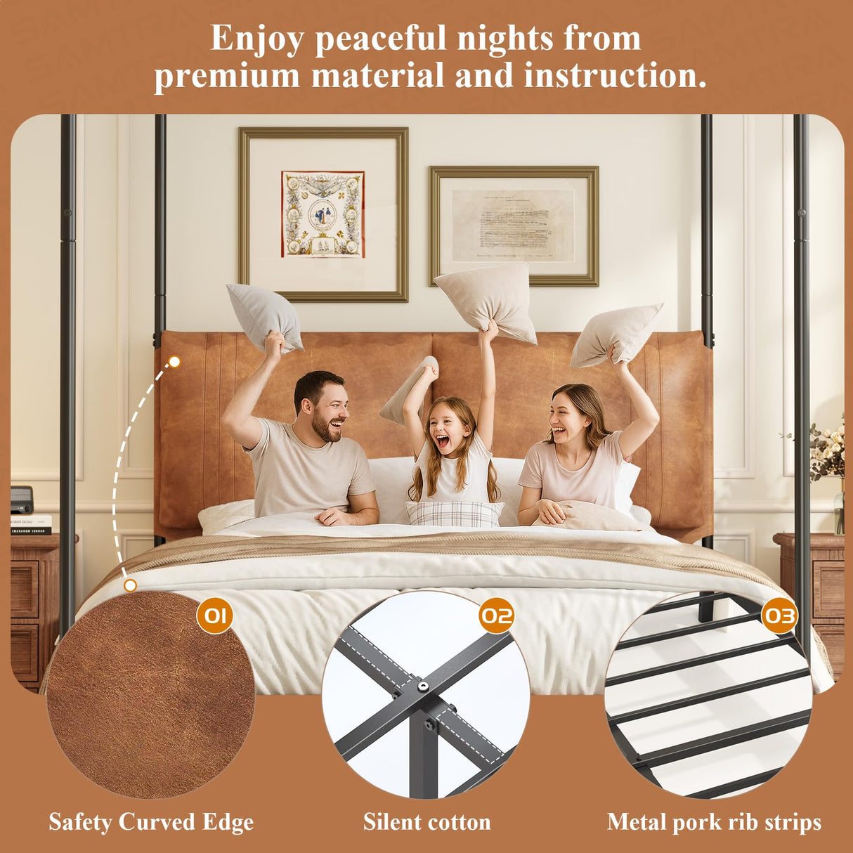 Modern Canopy Bed Frame with Upholstered Faux Leather Headboard – Tall Four Poster Metal Platform Bed, No Box Spring Needed, Queen Size, Brown and Black SAMTRA