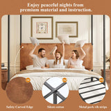 Modern Canopy Bed Frame with Upholstered Faux Leather Headboard – Tall Four Poster Metal Platform Bed, No Box Spring Needed, Queen Size, Brown and Black SAMTRA