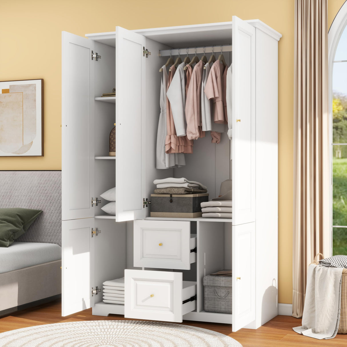 LABROSKIA Armoire Wardrobe Closet with 3 Drawers: 74" White Wardrobe Closet with 3 Doors, Large Wardrobes Closets for Hanging Clothes, Bedroom Armoires and Wardrobes LABROSKIA