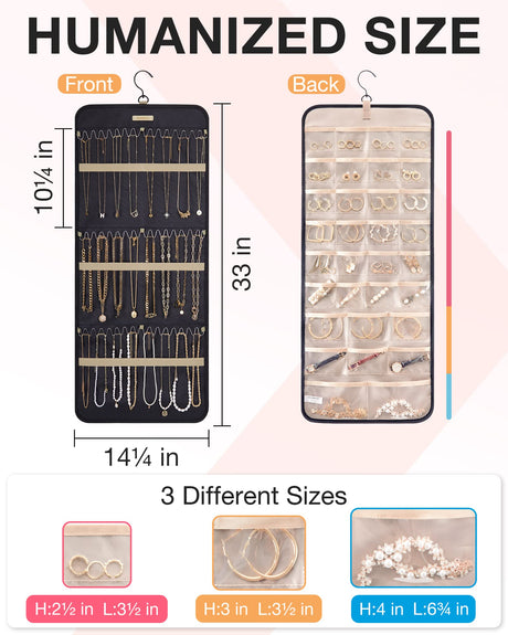 BAGSMART Hanging Jewelry Organizer Storage Roll with Hanger Metal Hooks Double-Sided Jewelry Holder for Earrings, Necklaces, Rings on Closet, Wall, Door, 1 piece, Large, Black BAGSMART
