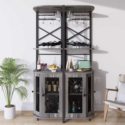 Aufvolr Bar Cabinet w/Wine Rack and Glass Holder, Corner Cabinet with Mesh Door, Corner Bar Cabinet with Adjustable Shelf, Liquor Cabinet Bar for Home (Grey