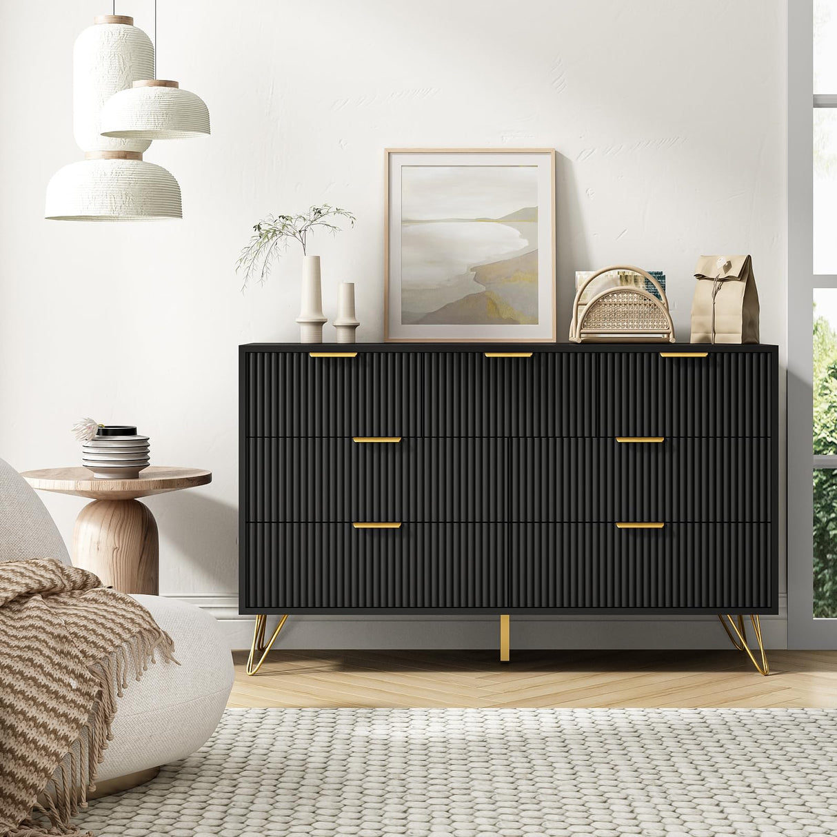 LYNSOM Dresser for Bedroom, Modern 7 Drawer Black Dresser with Metal Handles and Wide Drawer, Wood Chest of Drawers for Living Room LYNSOM