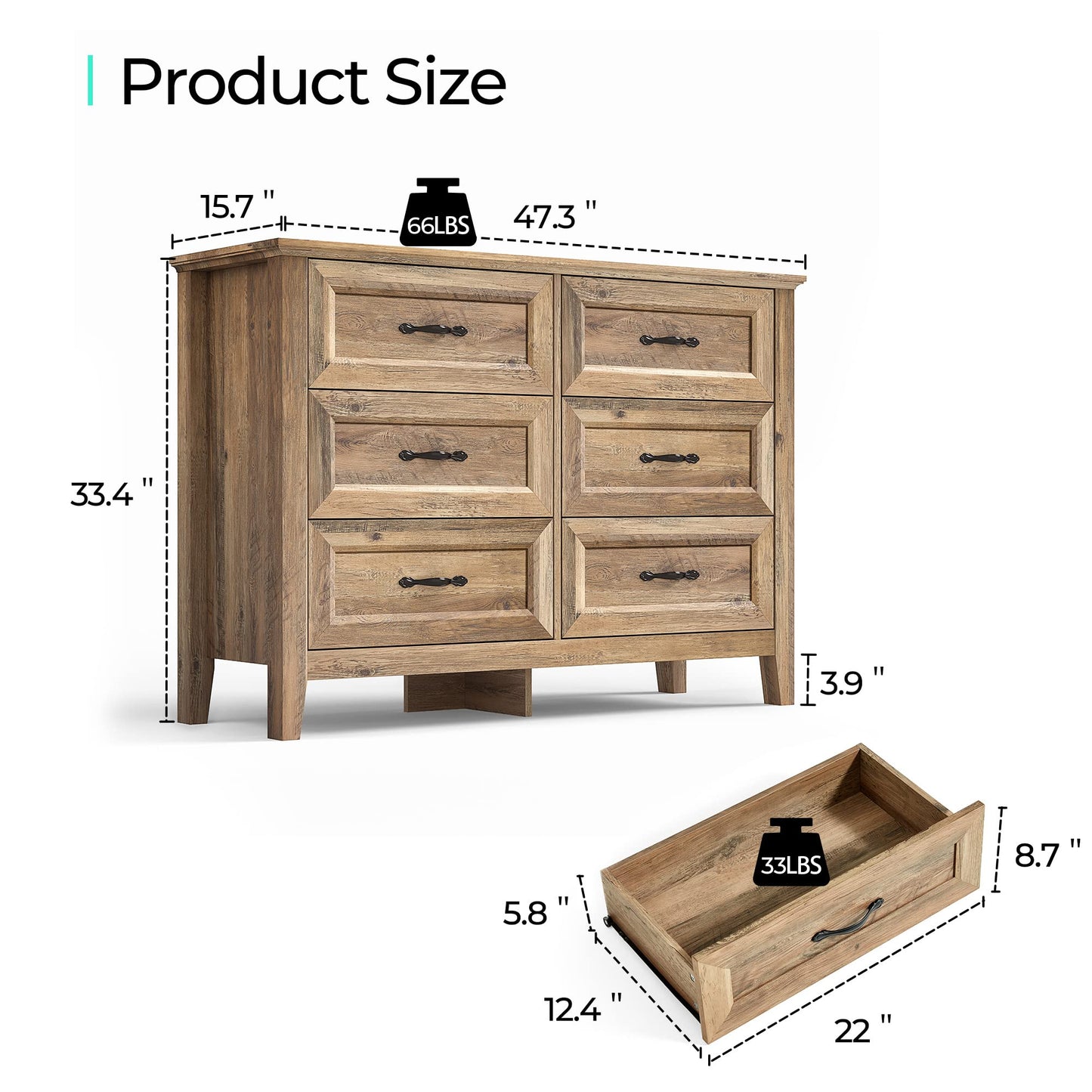 LINSY HOME Dresser for Bedroom, Long Dresser with 6 Drawers, Wood Chest of Drawers with Metal Handles, Ideal for Living Room, Entryway and Hallway - WoodArtSupply