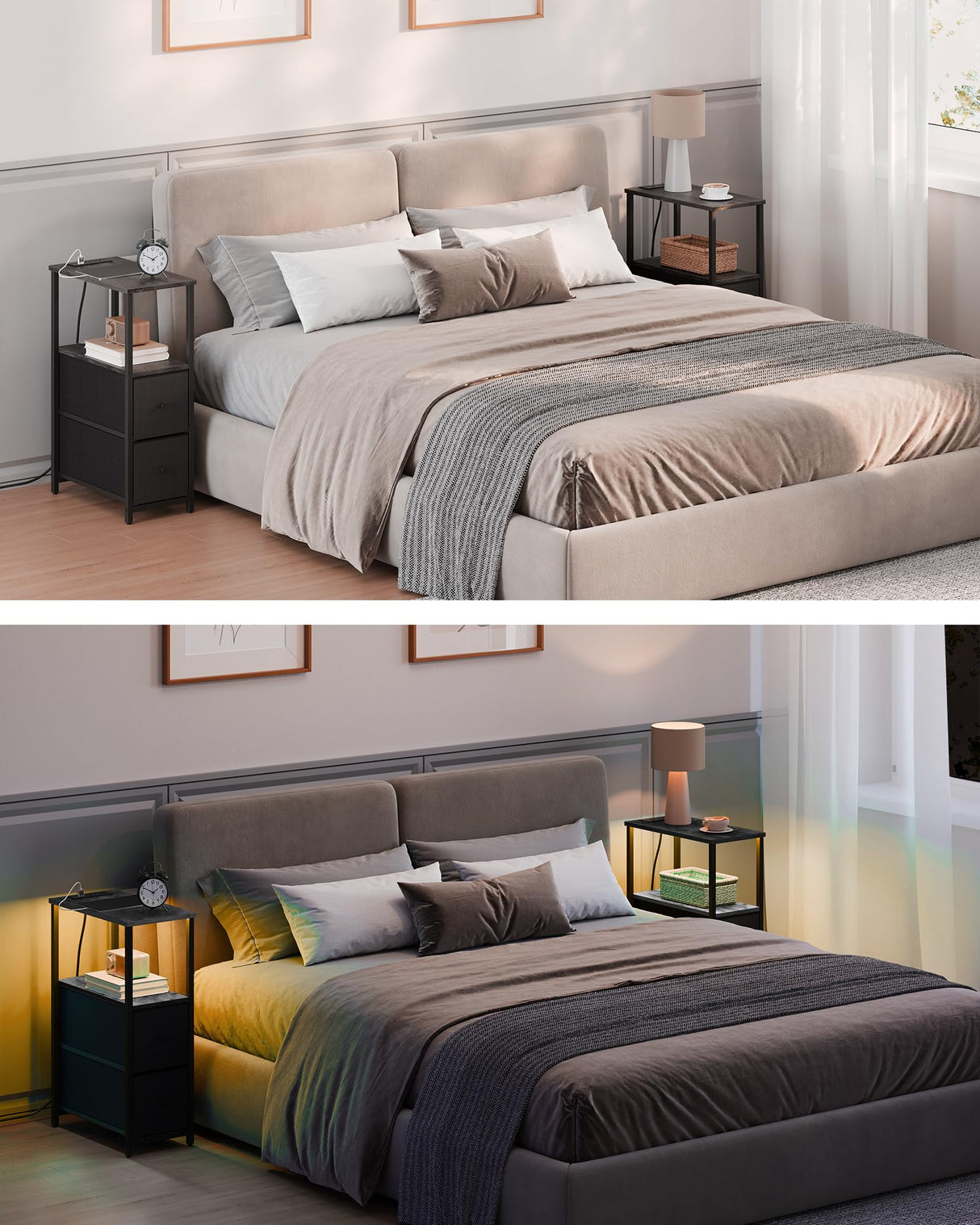 TUTOTAK Small Narrow LED End Table with Charging Station, Side Table Outlets, Nightstand with 2 Cloth Drawers, Set of 2, Couch Table, for Living Room, Bedroom, Bedside, Charcoal Grey TB01BY056 TUTOTAK