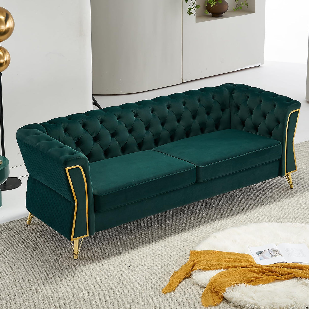 Tmsan 87.4" Velvet Sofa Couch, Mid-Century Modern Chesterfield Loveseat Classic Button Tufted 2 Seater Couch with Golden Legs for Living Room Office Bedroom (Emerald) Tmsan