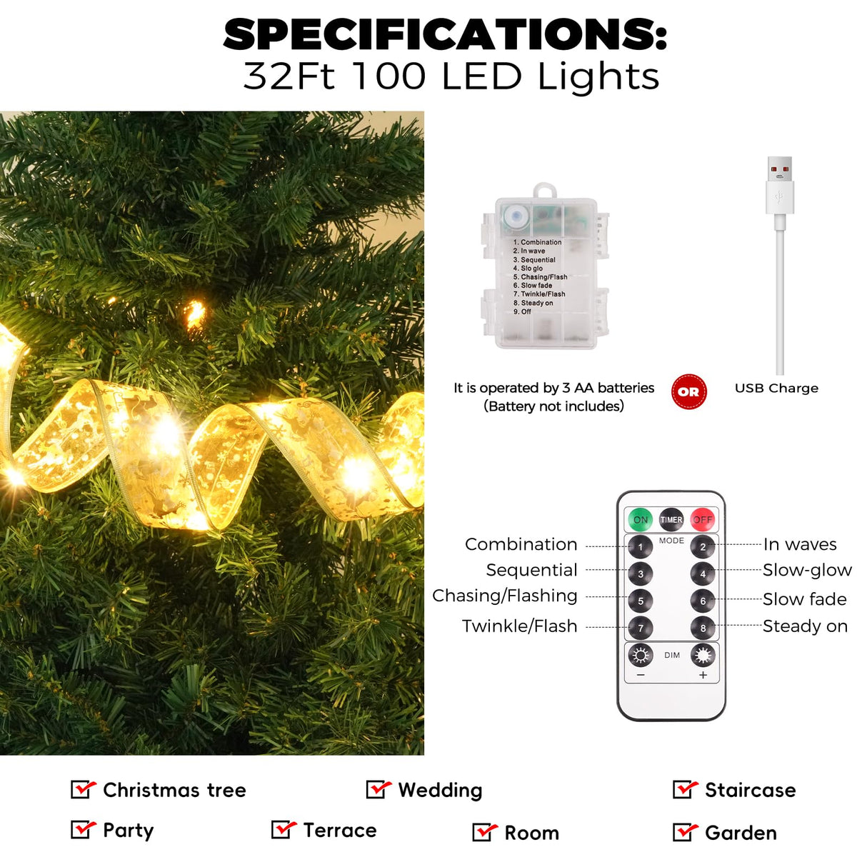 KPROE Christmas Tree Decorations, 32Ft 100 LED Christmas Tree Copper Wire Ribbon Bows Lights with 8 Lighting Modes, Battery Operated & USB Powered Fairy String Lights with Timer for Xmas Tree Decor KPROE