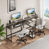 Mexin Two Person Desk-83.7 Inch Double Computer Desk with Monitor Stand and Power Outlets, Office Desk with Storage Shelves, Long Workstation Desk for Home Office, Gray Oak Mexin