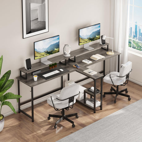 Mexin Two Person Desk-83.7 Inch Double Computer Desk with Monitor Stand and Power Outlets, Office Desk with Storage Shelves, Long Workstation Desk for Home Office, Gray Oak Mexin