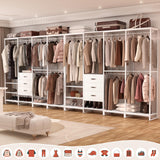 Aheaplus Wood Clothes Rack Wardrobe Closets for Hanging Clothes Heavy Duty Garment Rack, Large Corner L Shaped Closet System Organizer Walk-in Closet for Bedroom with 3 Wood Drawers, Pure White Aheaplus