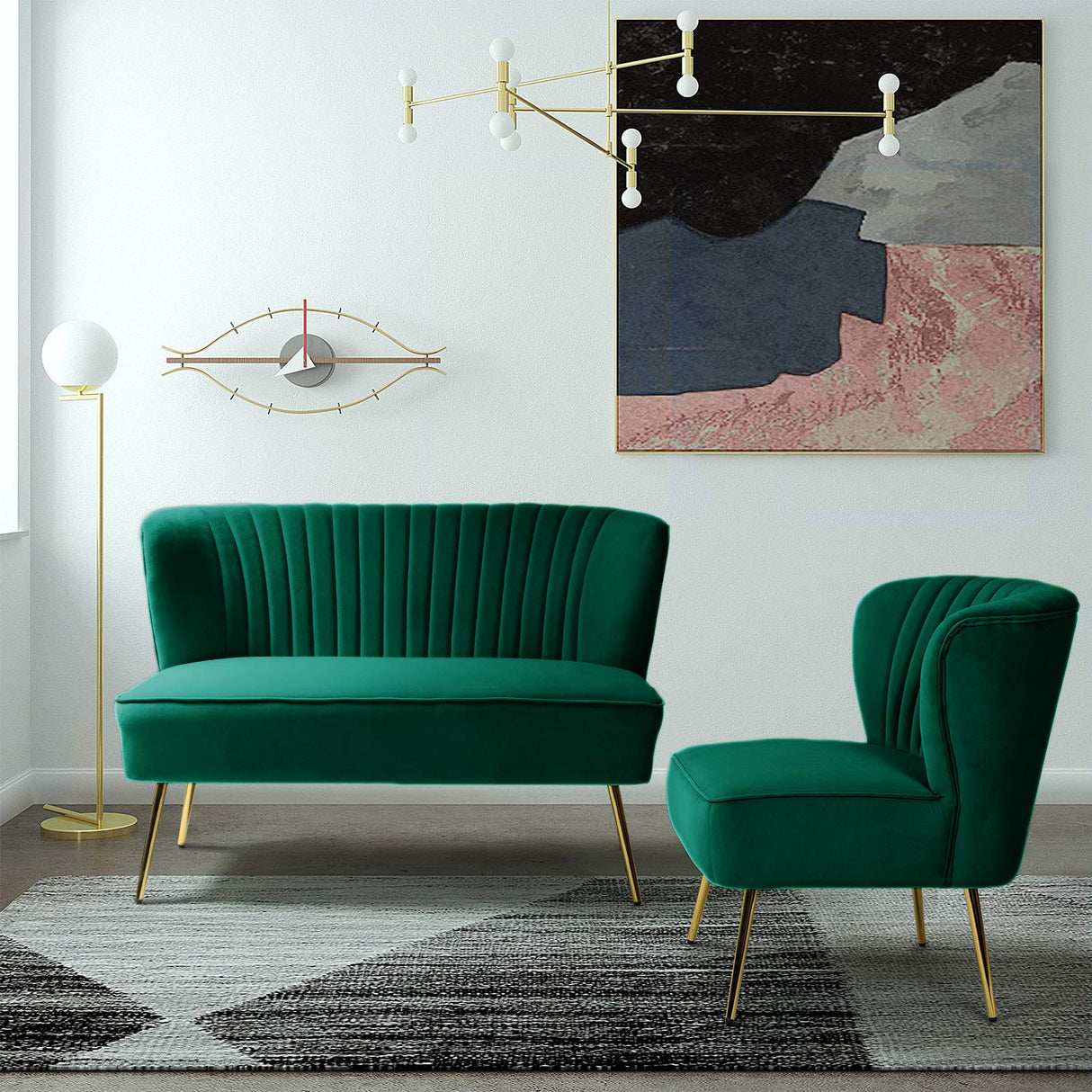 TINA'S HOME Contemporary Velvet Loveseat Sofa, Upholstered Loveseat Couch with Golden Metal Legs, Small Tufted 2-Seat Sofa Armless Love Seat for Living Room, Bedroom, Apartment Small Spaces, Green TINA'S HOME