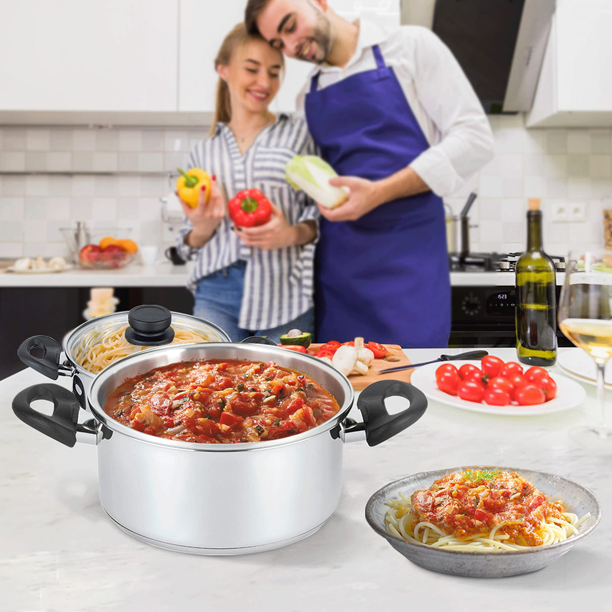 Nevlers 3 Piece Premium Heavy Duty Stainless Steel Steamer Pot Set Includes 3 Quart Cooking Pot, 2 Quart Steamer Insert and Vented Glass Lid | Stack and Steam Pot Set for All Cooking Surfaces Nevlers