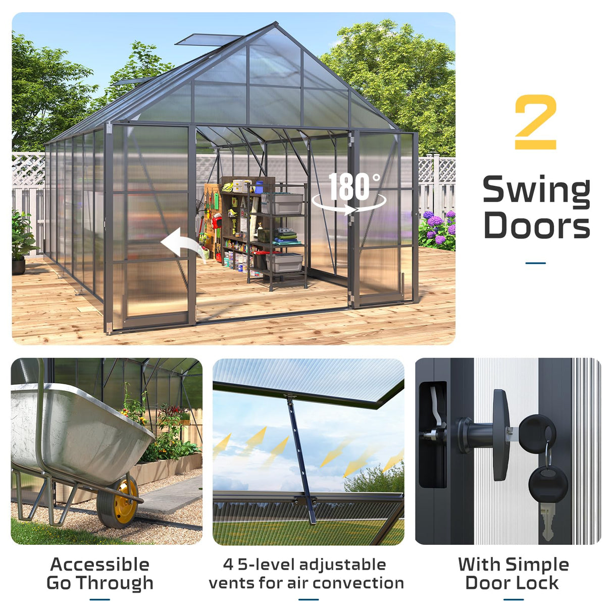 HOWE 10x16x10 FT Polycarbonate Greenhouse 6.3FT Added Wall Height Walk-in Large Aluminum Greenhouse Double Swing Doors 4 Vents, Sunroom Winter Greenhouse for Outdoors, Black HOWE
