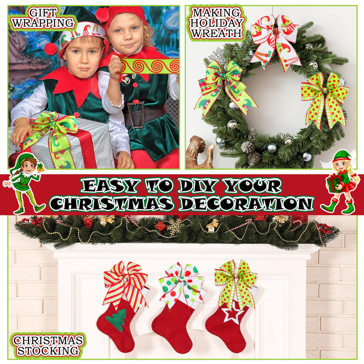 6 Rolls 30 Yards Christmas Wired Edge Ribbon Elf Hats and Legs Multi Dots Swirl Diagonal Stripe Ribbon Home Party Bows Decor for Xmas Tree Wreath Gift Wrapping DIY Crafts, 2.5 Inch (Stylish Style) Yinder