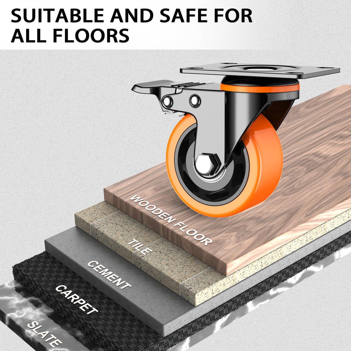 3 inch Casters Wheels, Heavy Duty Casters Set of 4, No Noise Industrial Casters Load 1600lbs with Brake, Swivel Industrial Plate Casters, Wheels for Cart Furniture(2 Hardware Kits & Gloves) LUTUMEI