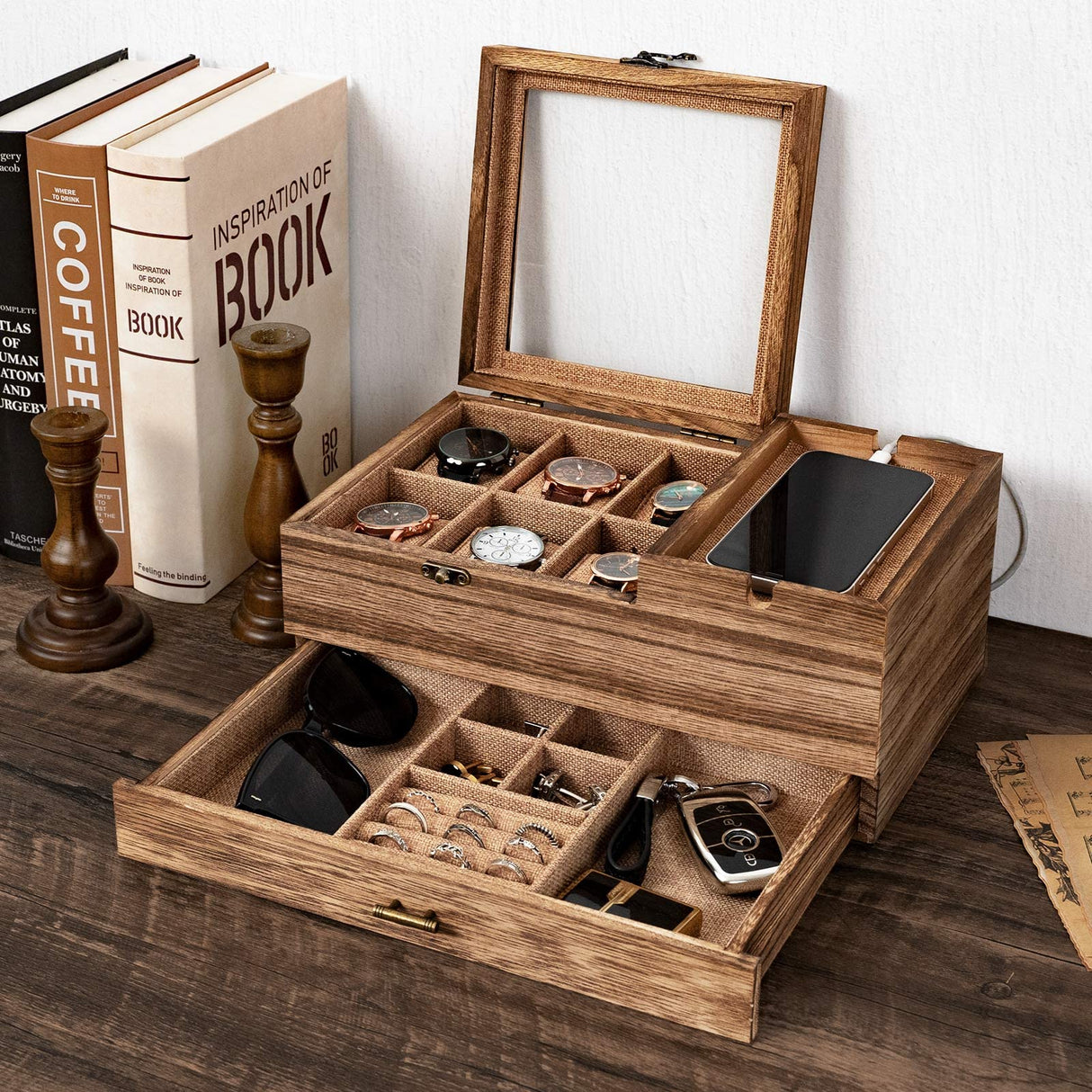 Pinzoveco Watch Box Organizer for Men, 6 Slot Mens Jewelry Box Display & Storage Watch, Solid Wood Watch Case for Men, Gift for Boyfriend Fathers Day Birthday Gifts (Carbonized Brown) Pinzoveco