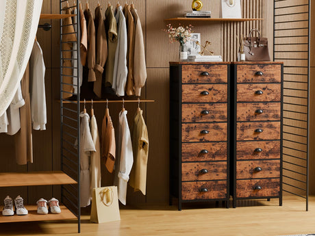 Furnulem Dresser with 7 Drawers,Tall Chest of Drawers Industrial Fabric Dresser for Bedroom,Vertical Storage Tower Bedside Furniture in Living Room,Closet,Entryway-Sturdy Steel Frame(Rustic Brown) Furnulem