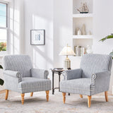 HUIMO Linen Fabric Accent Chairs Set of 2, Mid-Century Modern Armchair with Solid Wood Legs, Single Sofa Chair,Upholstered Reading Club Chair (2, Dark Blue and White Stripe) HUIMO