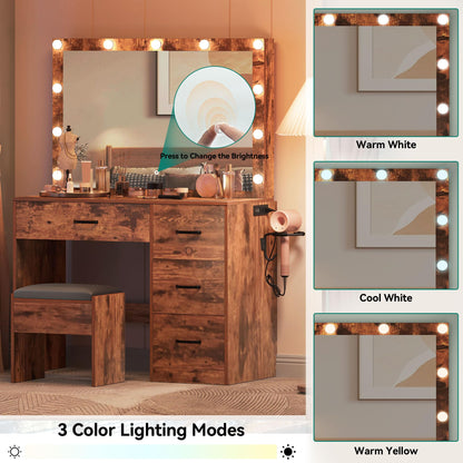 YITAHOME Vanity Desk Set with Large Lighted Mirror & Power Outlet, 3 Color Lighting Modes, Makeup Vanity Table with 4 Drawers, Storage Bench, Bedroom, Rustic Brown