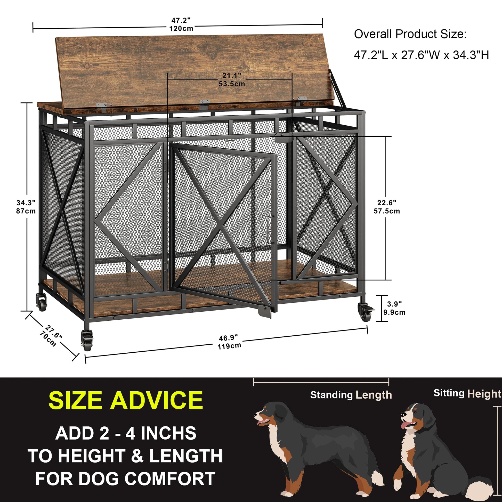 Dog Crate Furniture, 48 Inch Dog Crate for Large Medium Dogs, Wooden Dog Kennel Indoor End Table, Dog Cage Large Dogs with Wheels, Heavy Duty Dog Crate with Flip-Top (Brown) - WoodArtSupply