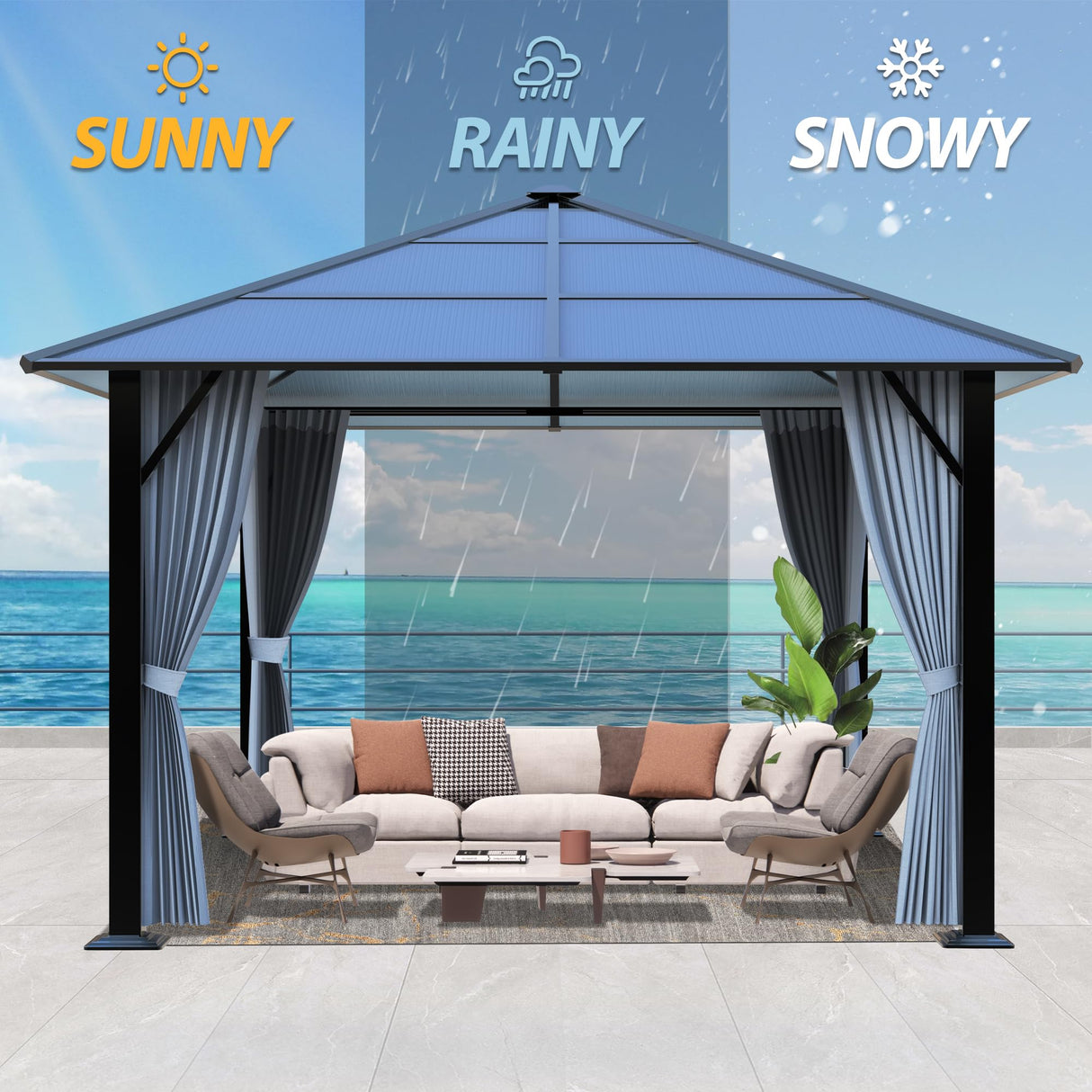 Raysfung 10'x10' Hardtop Gazebo, Outdoor Polycarbonate Roof Gazebo Metal Frame Permanent Pavilion with Netting & Curtains for Garden, Patio, Lawns(Grey) Raysfung