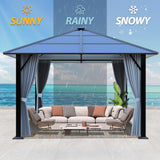 Raysfung 10'x10' Hardtop Gazebo, Outdoor Polycarbonate Roof Gazebo Metal Frame Permanent Pavilion with Netting & Curtains for Garden, Patio, Lawns(Grey) Raysfung