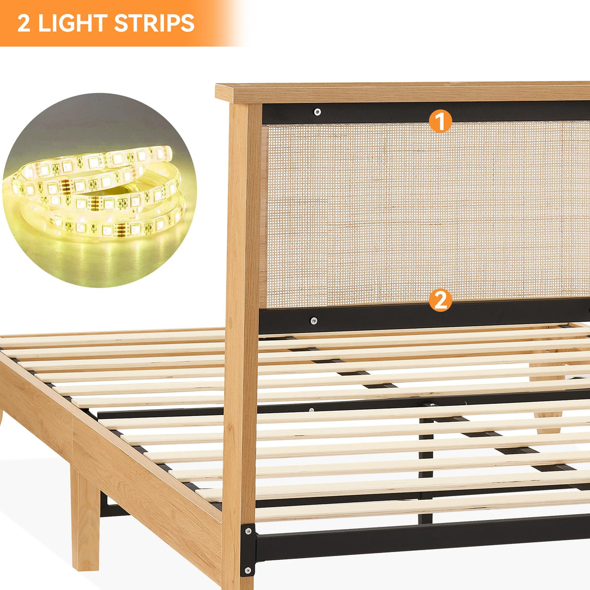 IDEALHOUSE Rattan Queen Bed Frame with LED Lights and Solid Wood Support IDEALHOUSE