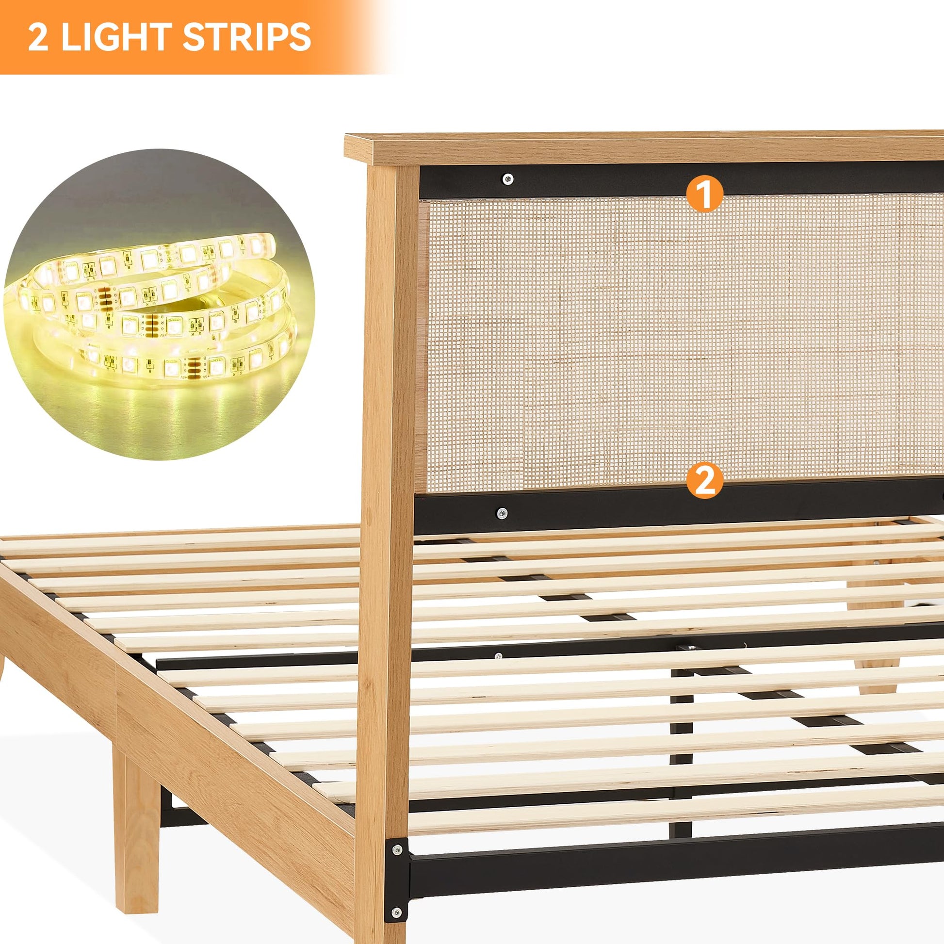 IDEALHOUSE Rattan Queen Bed Frame with LED Lights and Solid Wood Support - WoodArtSupply