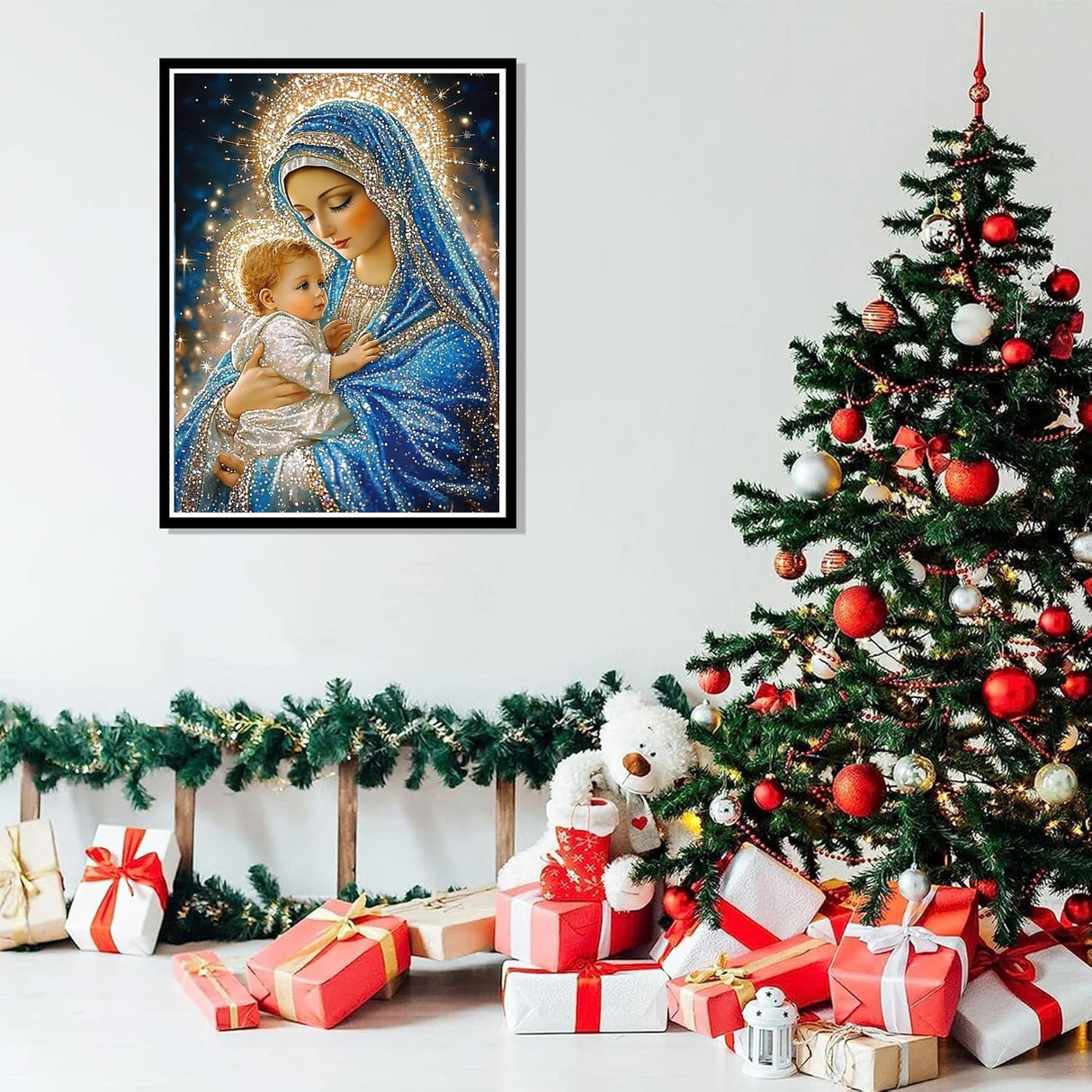 wavaiov Christmas Diamond Painting Kits for Adults, 5D DIY Virgin Mary Diamond Art Kits for Beginners, Jesus Round Diamonds Pictures Crafts, Full Drill Gem Art for Home Decor 12x16Inch wavaiov