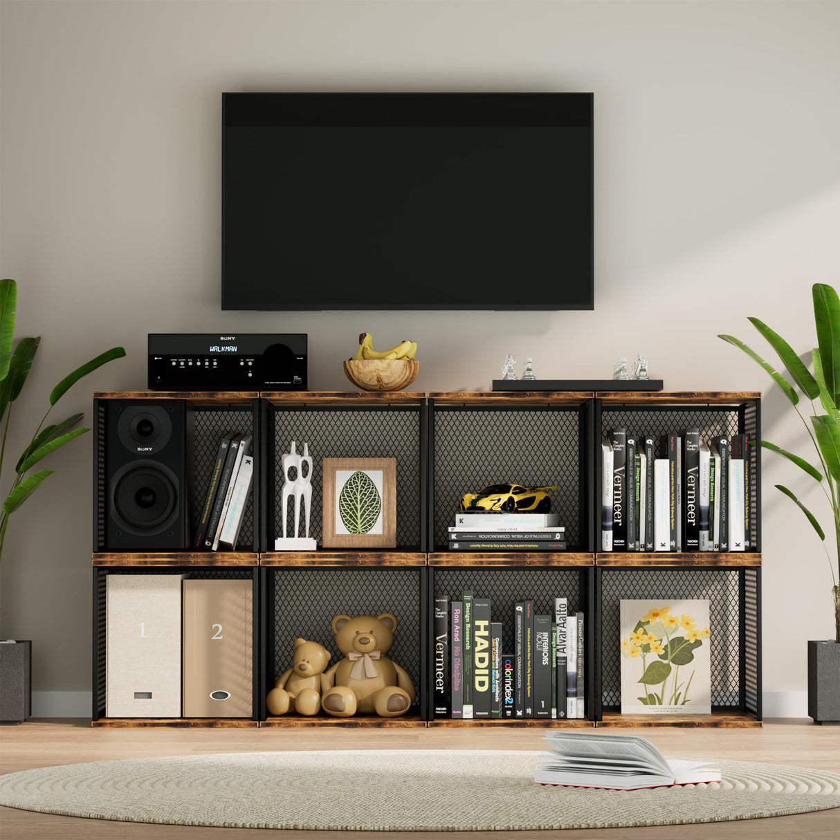 Ksuefao 2 Cube Storage Organizer, Small Bookshelves, DIY Variable Stackable Wooden & Metal Cubes Shelves for Desktop, Bedroom, Living Room, Black Brown Ksuefao