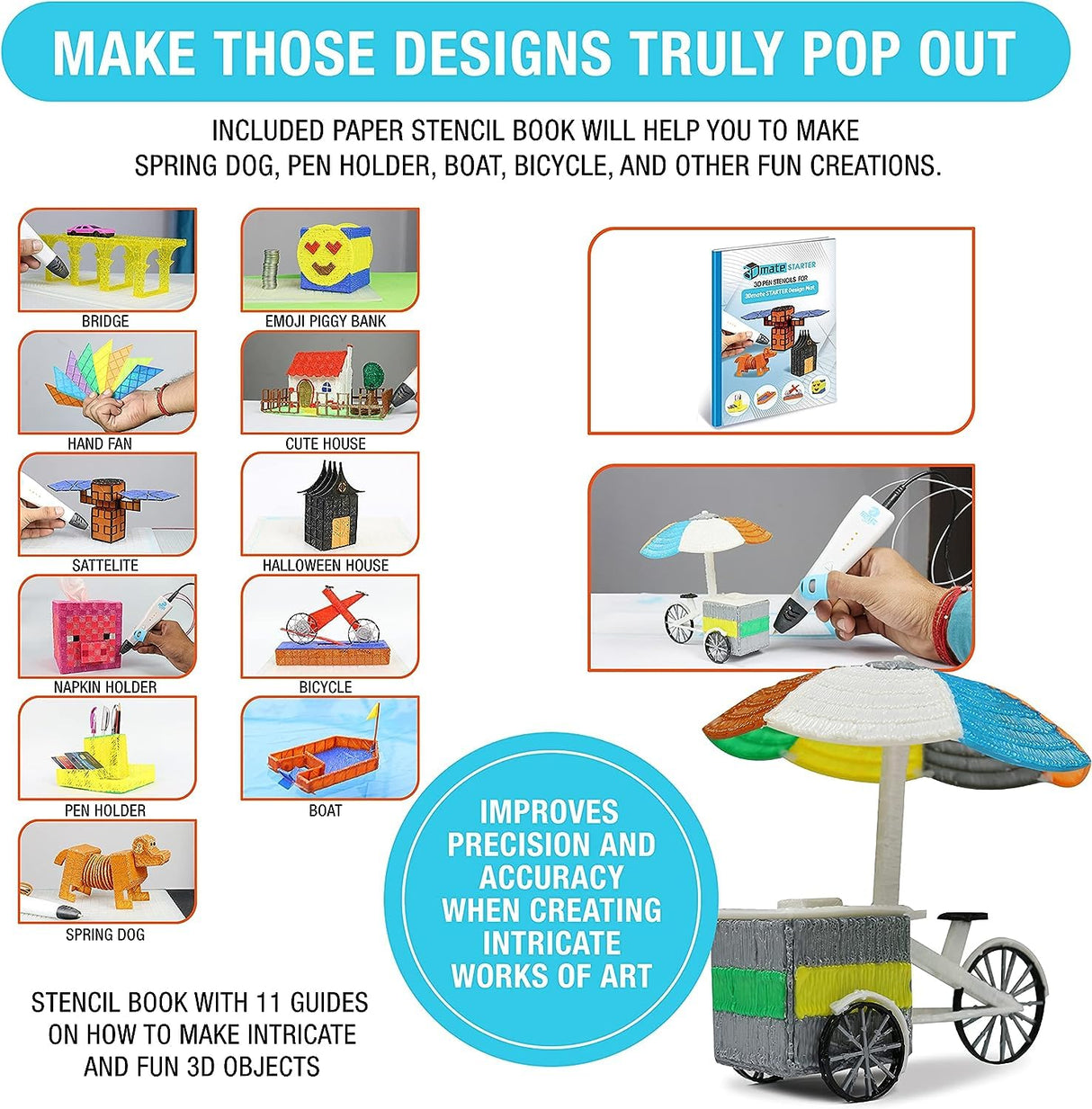 3Dmate Starter - Transparent 3D Pen Mat 9 x 7 Inches with Compatible Stencils Book - Flexible Two-Sided Heat-Resistant Silicone - 3D Pen Accessories - Templates for Kids, Adults 3Dmate