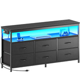 Huuger LED TV Stand for Bedroom, 47 Inch Dresser with Power Outlets, Entertainment Center for 55, 50, 43 Inch TV, 6 Drawer Dresser for Bedroom, Chest of Drawers with Open Shlef, PU Leather, Black Huuger